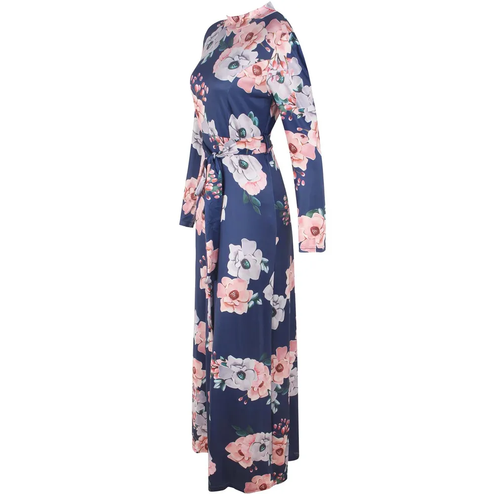 
Autumn New Design Long Sleeve Floral Print High Collar Women Boho Beach Maxi Long Casual Dresses 