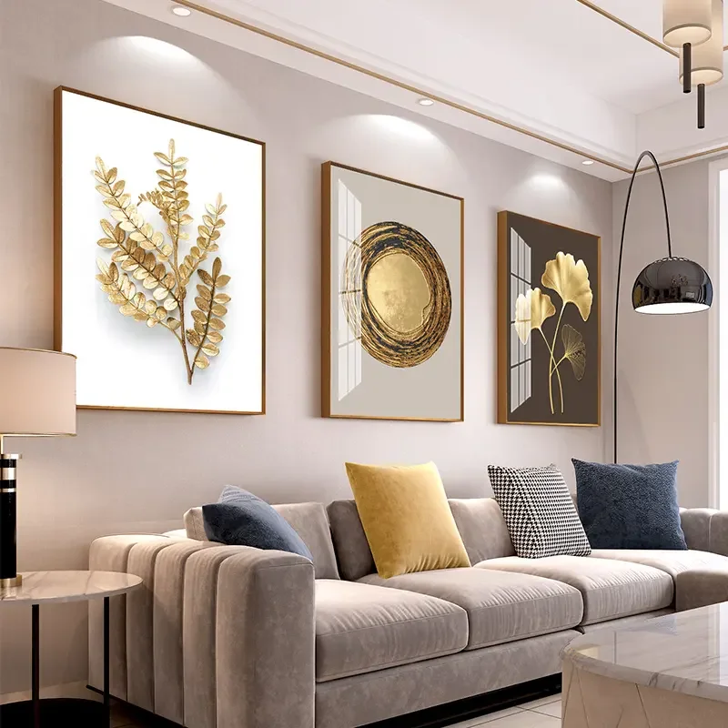 Modern Luxury wall glass Golden Leaf Wall Art 3 piece Crystal Porcelain Wall Art Painting for living room home decor