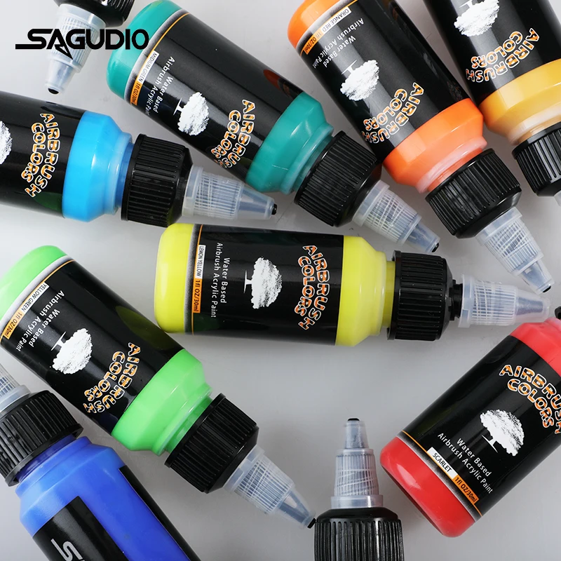 SAGUDIO Acrylic Airbrush Paint Kit Ready to Air brush Gun 24 Colors Pigment Set