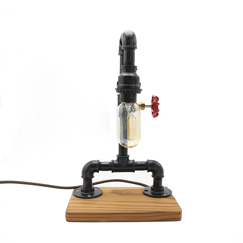 Modern Industrial Style Desk Lamp Wood Base with Iron Pipe and Glass Metal for Steampunk Wall Decor Home Interior Design