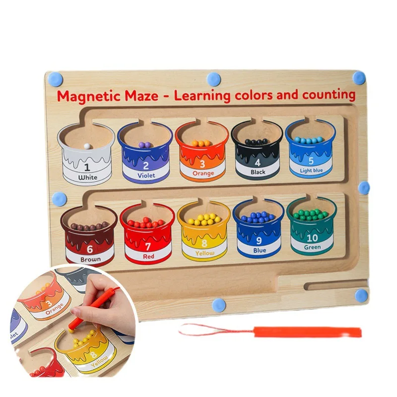Hot Sale Color Number Maze Wooden Magnet Board Puzzles Activities Cognitive Classification Counting Board Toys