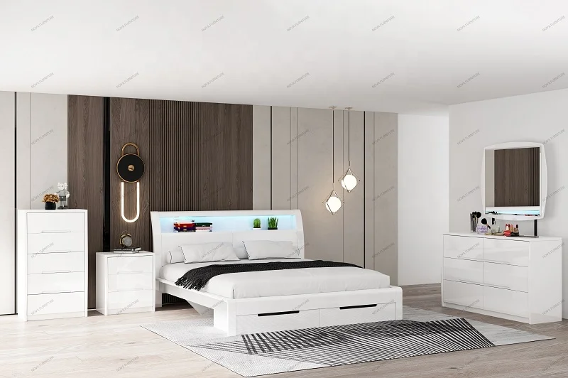 Modern Multifunctional Smart LED Storage Beds White High Gloss Double Single Super King Size Bed Frame Bedroom Furniture Set