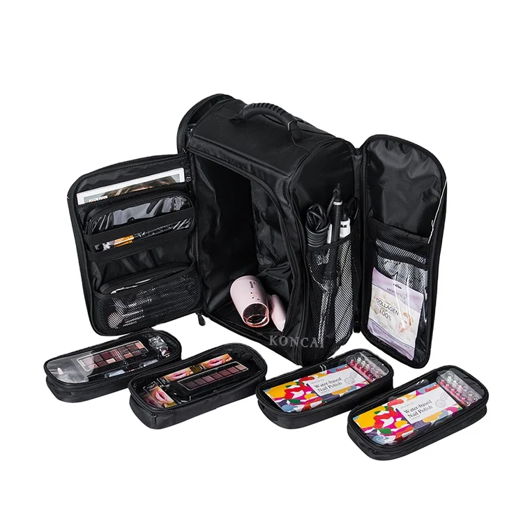 BSCI members Red Nylon Trolley Backpack Cosmetic Train Case Makeup Storage Bag Travel Make up Bag