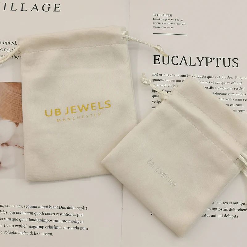 Luxury white velvet pouch wholesale custom logo drawstring bag for jewelry