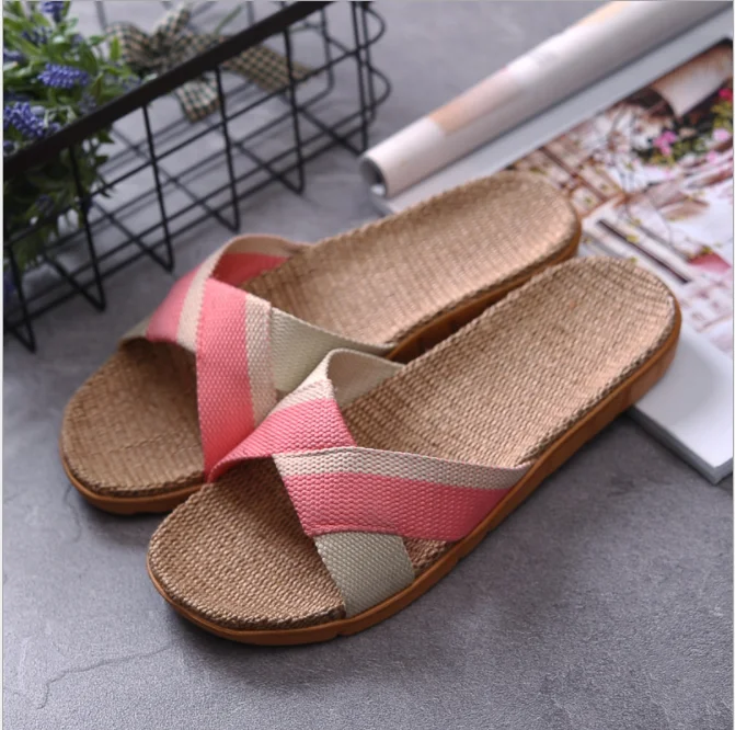 Flax Slipper Men And Women Home Summer Thick Bottom Indoor Slipper Floor Prevent Slippery Cool Slipper Woman Summer OEM