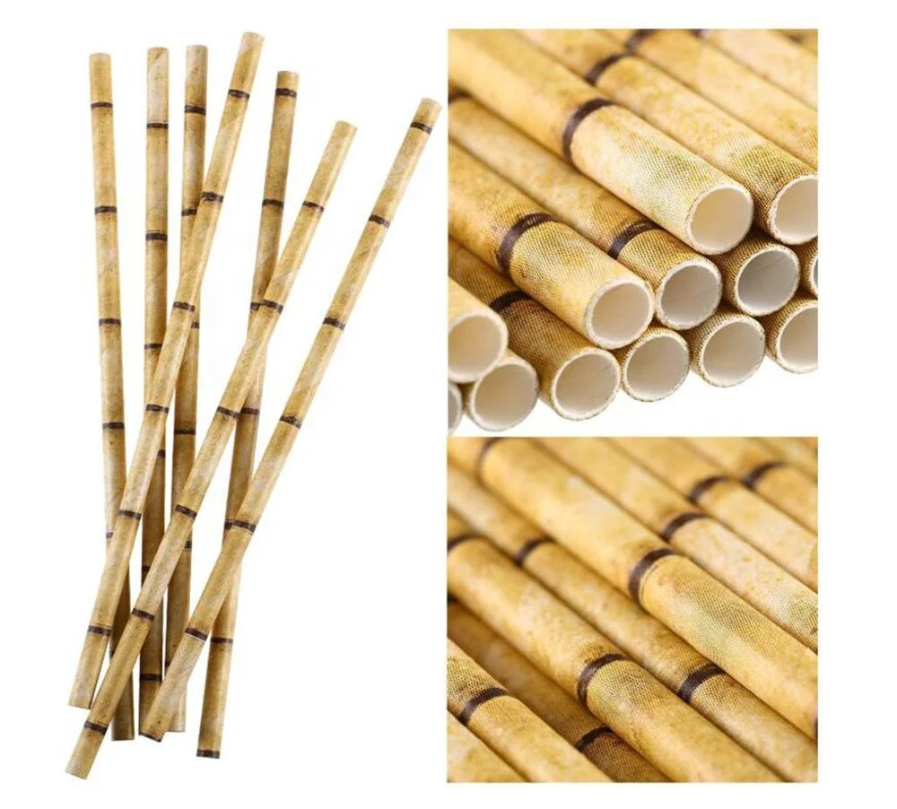 
Biodegradable Paper Straws Green Tan Bamboo Printed Paper Drinking Straws for Juices Shakes Party Supplies 