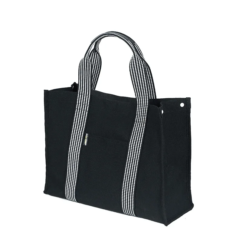 Large Capacity Square Canvas Tote Bag for Women Customizable with Striped Handle and Letter Pattern for Travel and Shopping