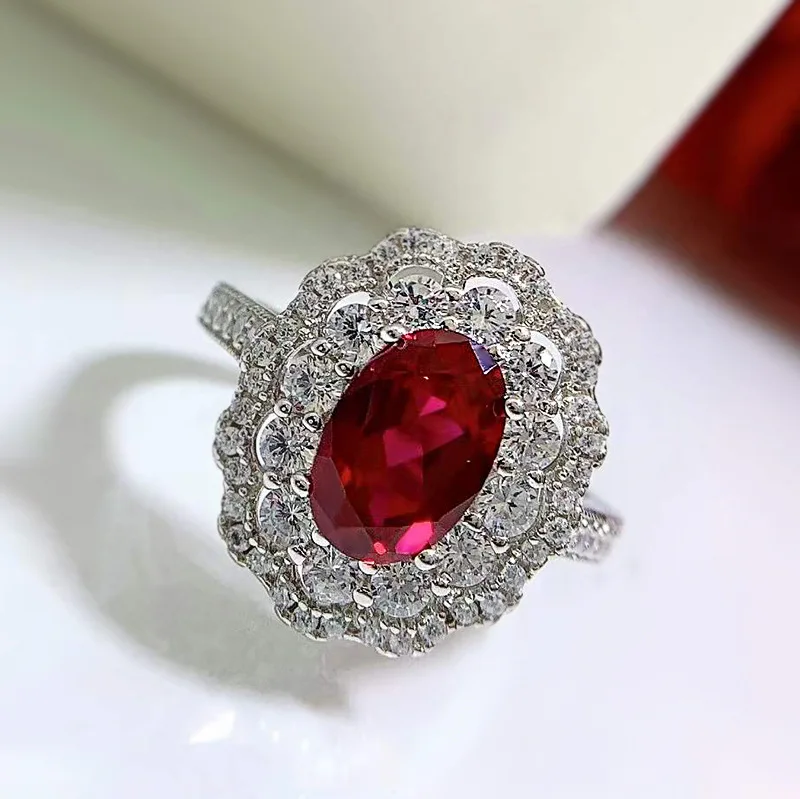 The New 925 Silver Ring for Women 5A Zircon 6 * 9 Pigeon Blood Red Ruby Ring Is Sold Directly by Manufacturers
