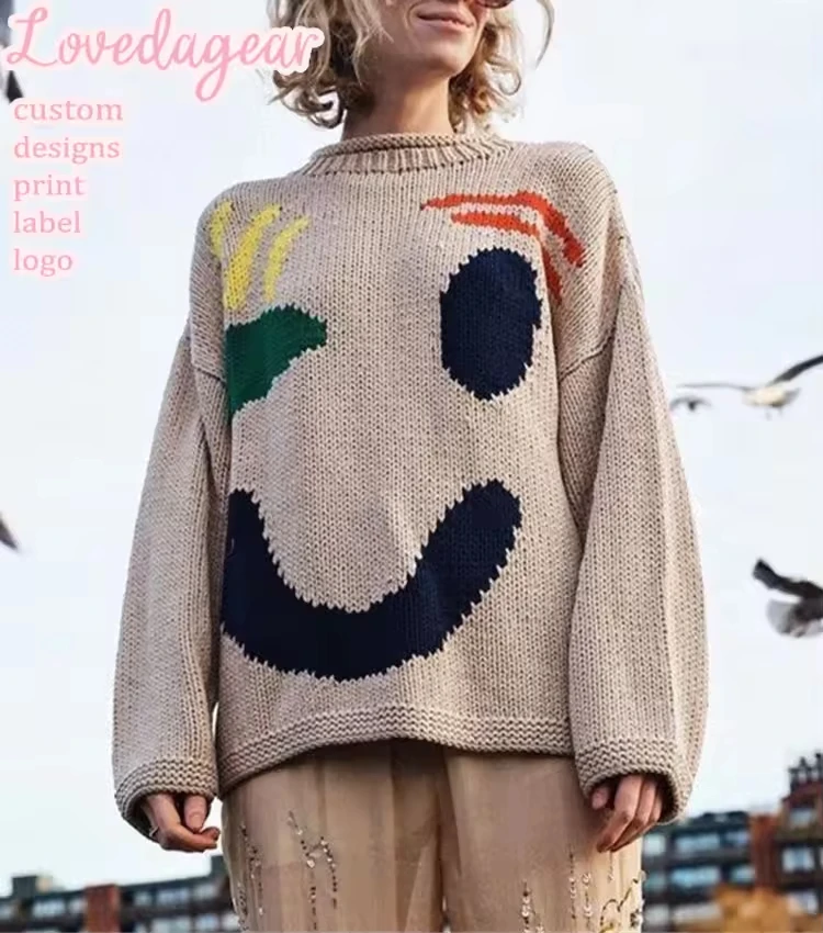 Loveda Custom Women Stylish Plus Size Crew Neck Pullover Graphic Happy Sunday Painting Knit Sweater