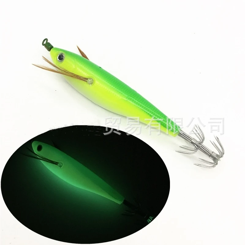 New 3+7 OEM 10cm 9g Glow Wooden Shrimp squid cuttlefish bait with japan tube hook Light Up Prawn Live Shrimp Fishing Lures