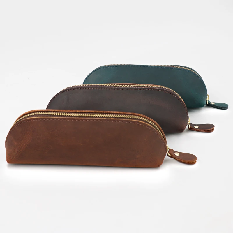 Vintage Design Waterproof Custom Handmade Pencil Case Retro Crazy Horse Leather Pen Holder