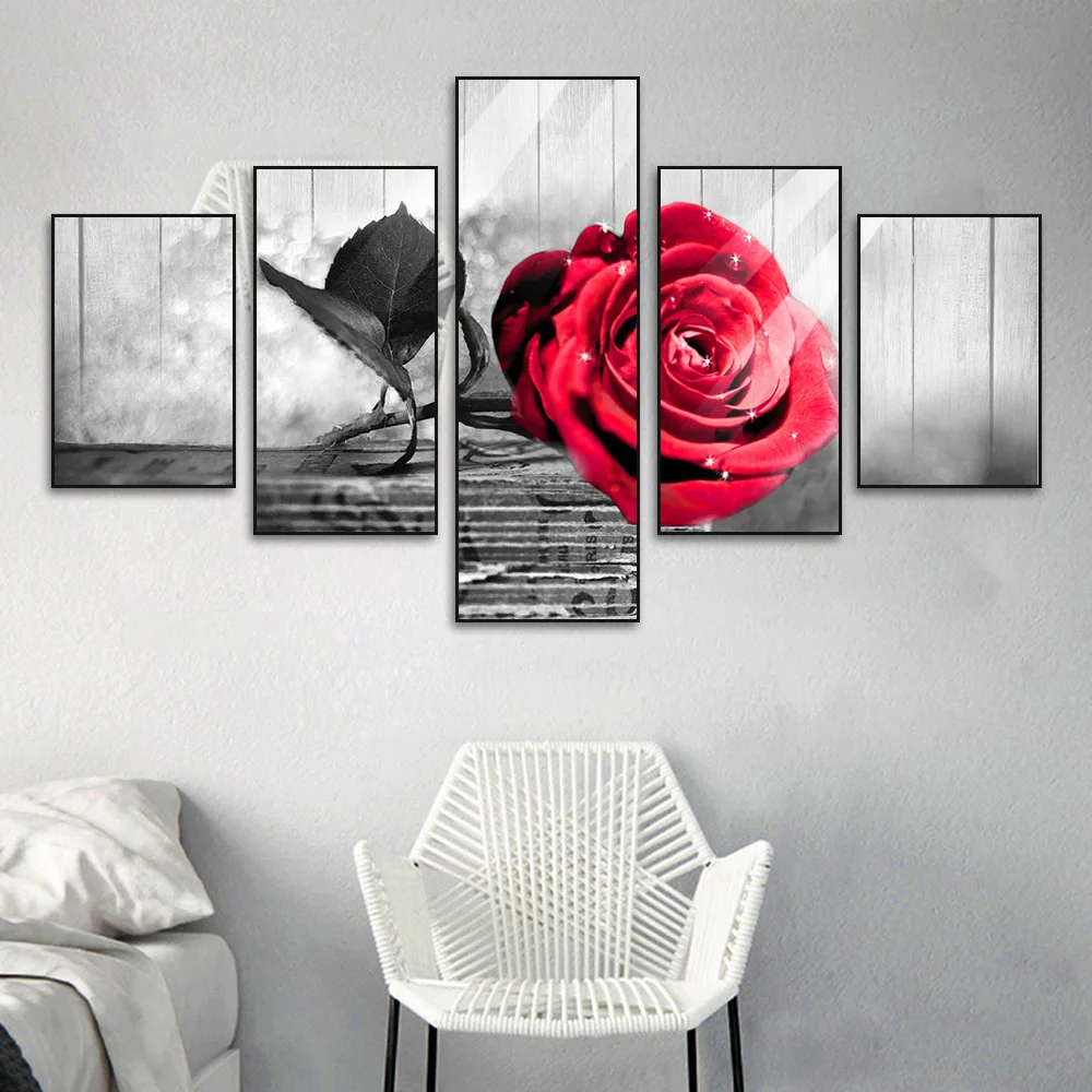 black and white rose Painting Decorative Home Decoration Living Room Picture Prints 5 Piece Wall Art