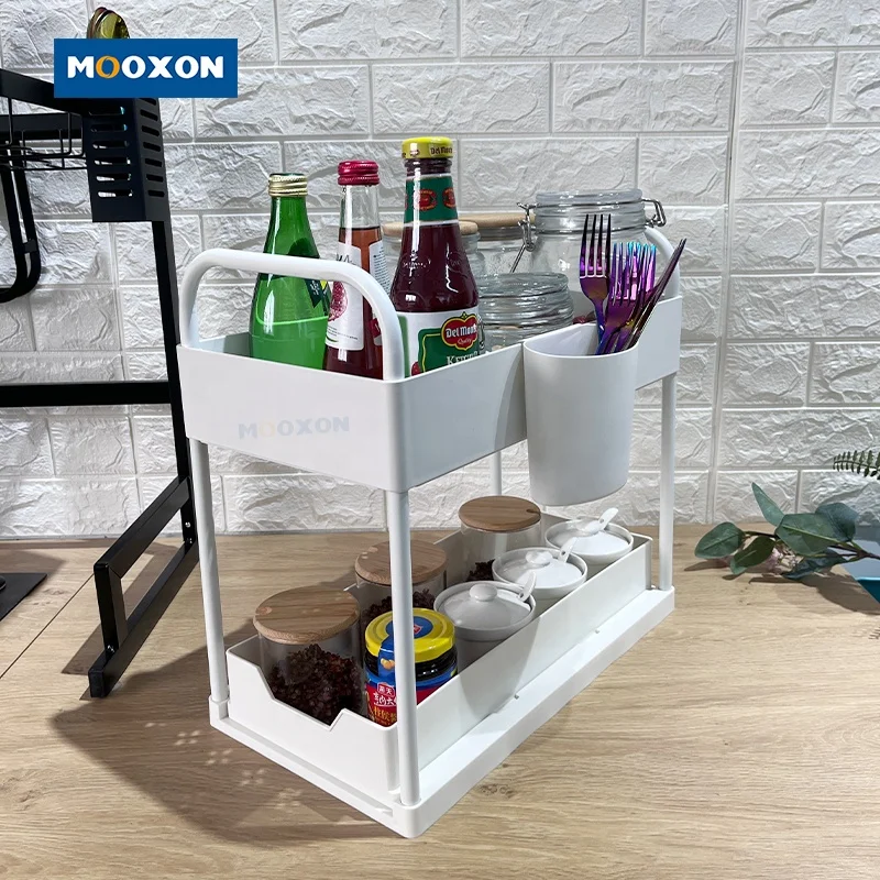 Wholesale ABS Plastic 2 Tier Sliding Undersink Storage Basket Rack Kitchen Shelf Under The Sink Organizer For Bathroom
