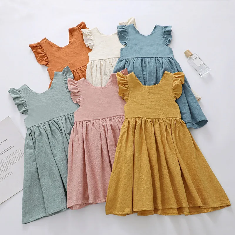 OEM Australia Kids Dresses INS Summer Children Flutter Fly Sleeve Baby Dresses Plain Quality Backless Cotton Dress Girls