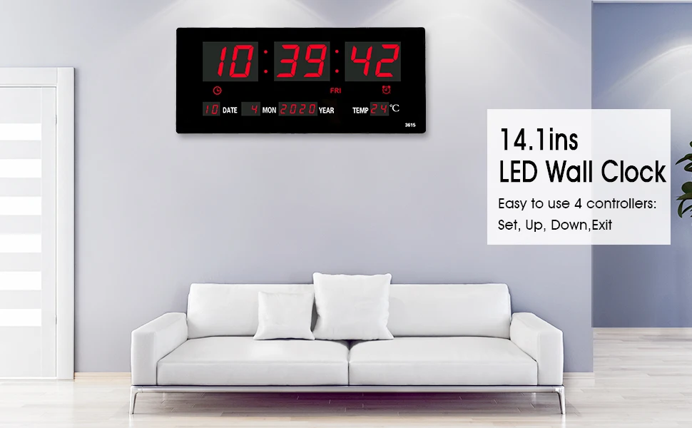 LED Digital Wall Clock Large Display with Indoor Temperature Date and Day of Week Electric Wall  Mounted Desk Clock Timer