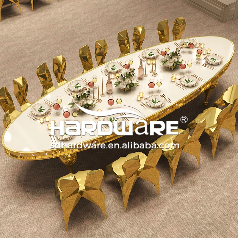 Stainless steel frame white mdf top oval wedding restaurant furniture table
