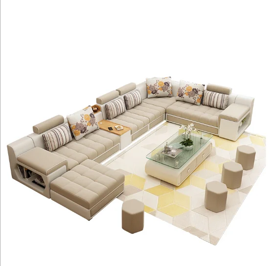 cheap home Furniture 7 Seater modern European wooden fabric U shaped Chaise Lounge sectional couch living room sofa set