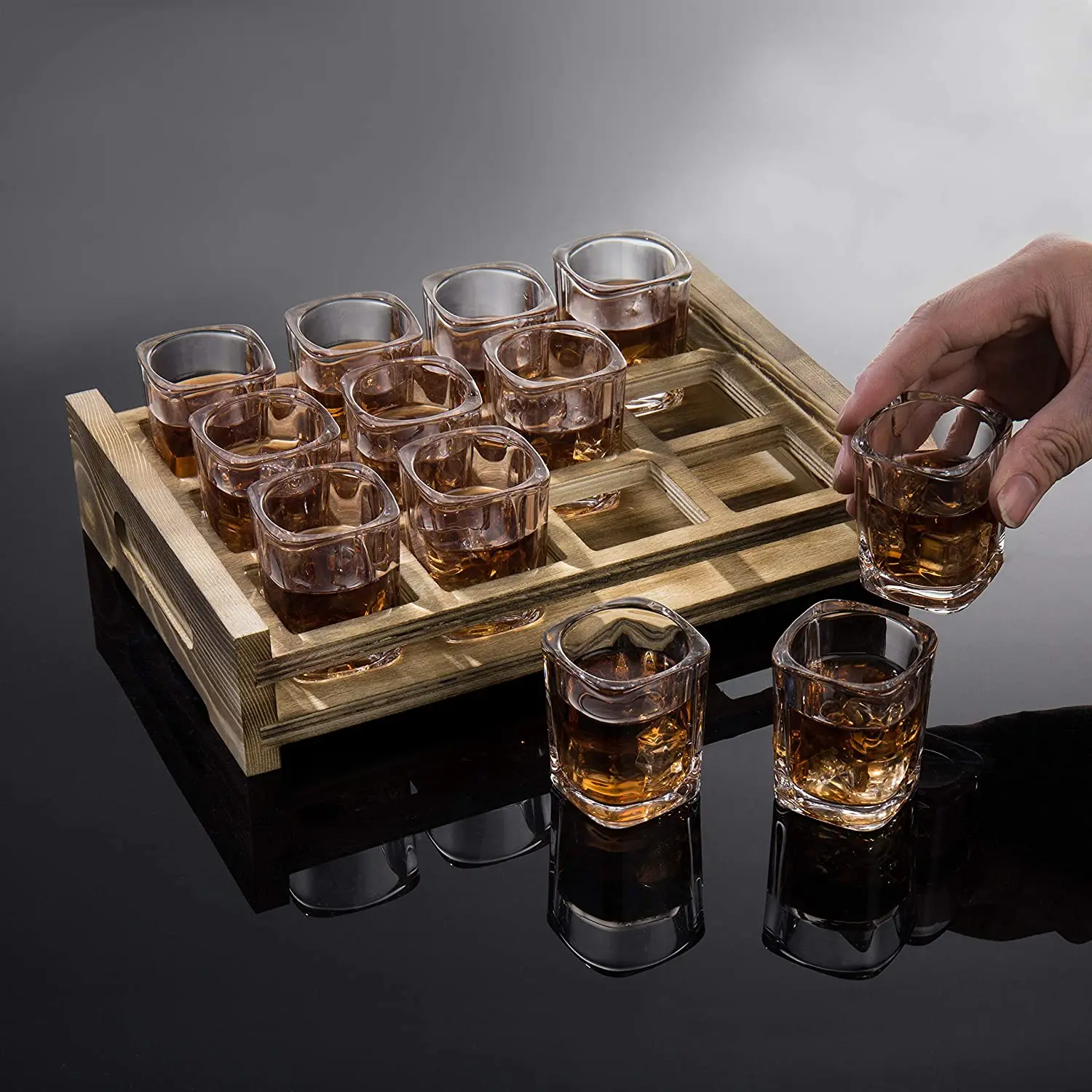 Shot Glasses Server Set Includes 12 Square Glasses and Whitewashed Wood Serving Tray