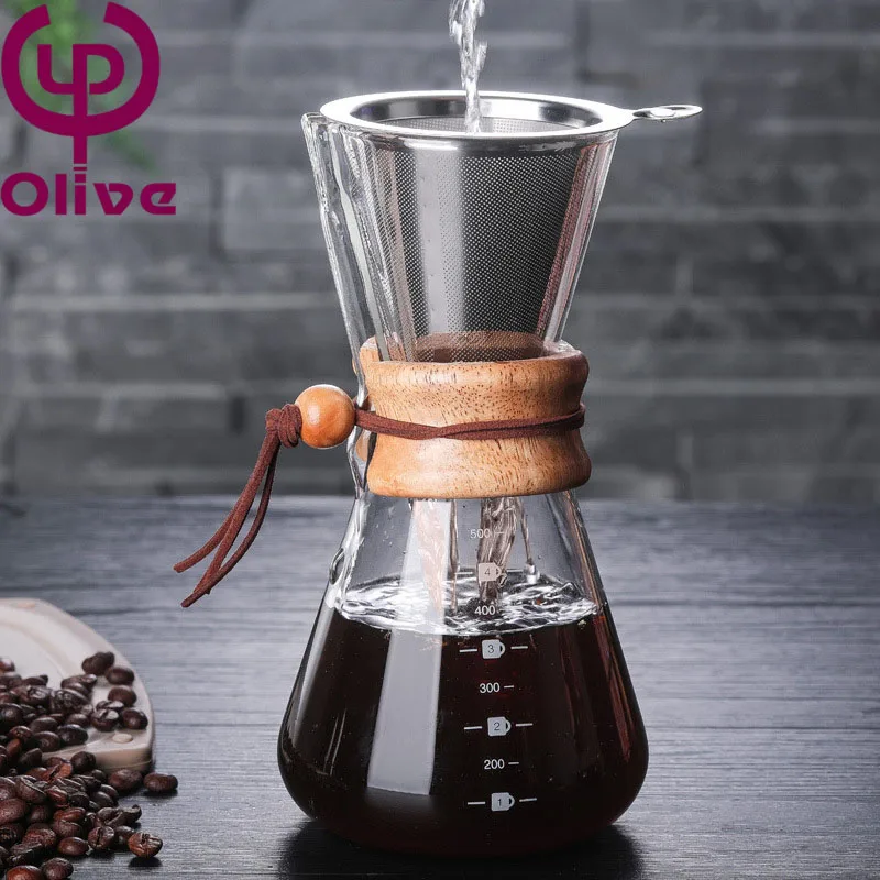 Wooden handle cold brew coffee maker sharing pot drip coffee maker simple flower teapot heat-resistant glass coffee pot