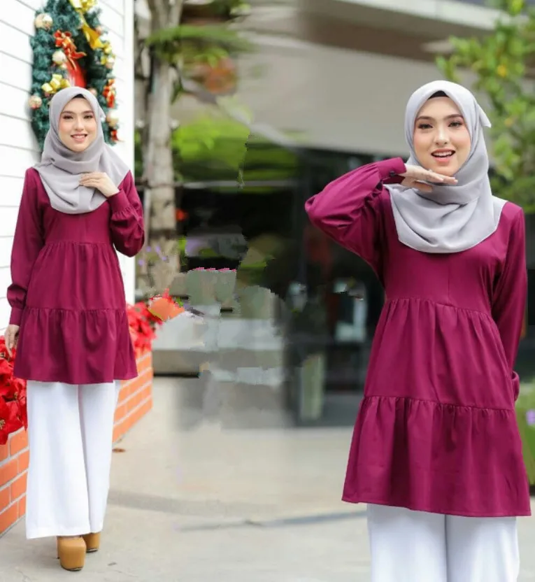 Muslim solid color round neck long-sleeved multi-layer stitching long shirt Middle Eastern Malay stitching pleated shirt