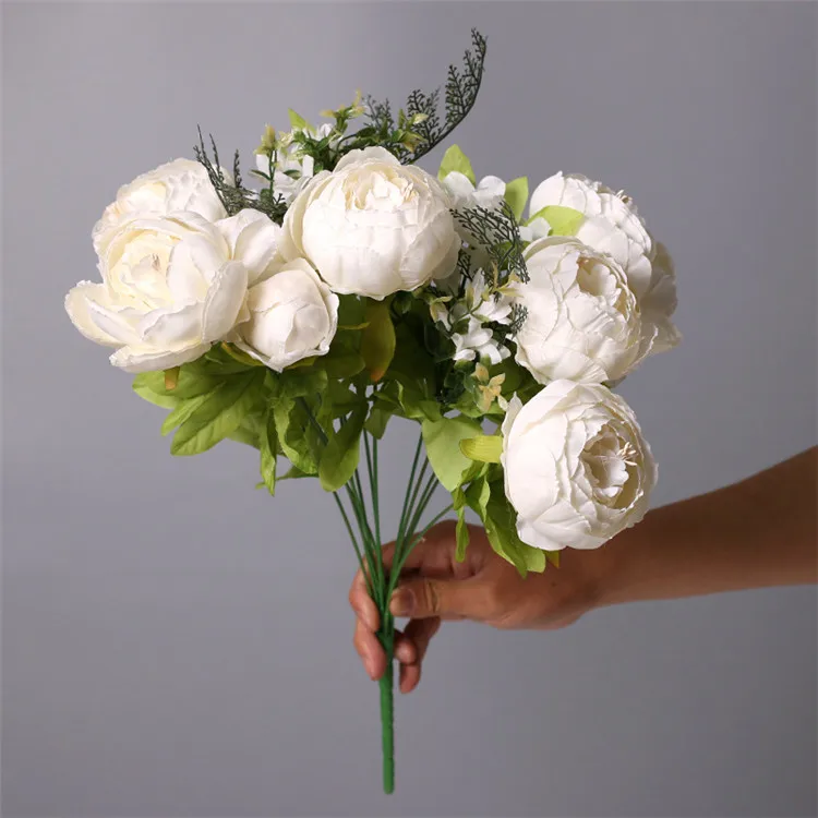 Wholesale European Simulation Peony Bouquet 13 Heads Silk Peonies Artificial Flower Wedding Home Decor