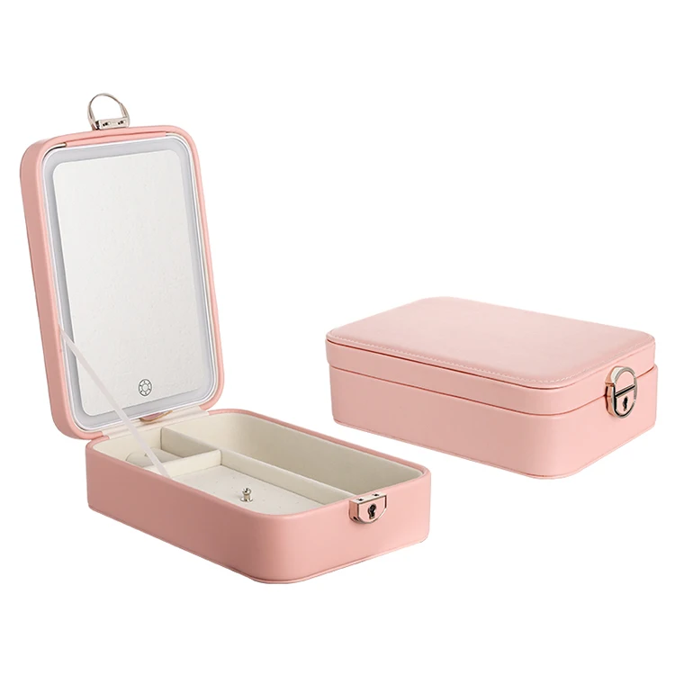 wholesale custom portable pink leather travel smart square led light up makeup mirror with storage organizer box vanity mirror