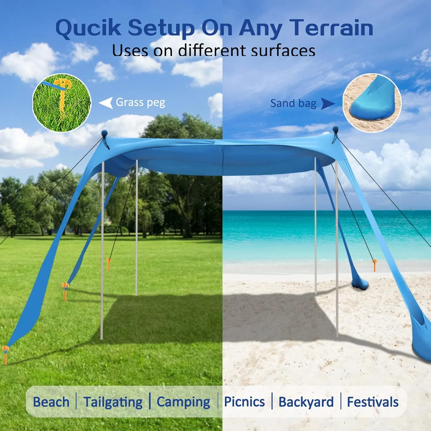 Mingchan OEM Custom Color Protection Vertical Awning Rain Fly Beach Sun Shelter Tarp Sunshade Beach Tent canopy With 4 Poles