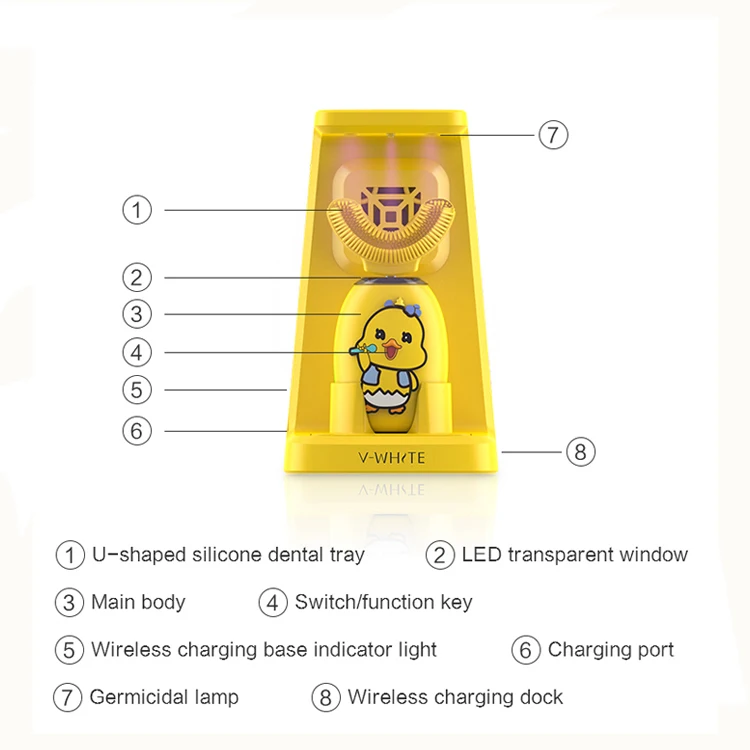 v-white Kids Electric Toothbrush 2 Models U Shaped Toothbrush Waterproof Battery Powered 360 Automatic Toddler Toothbrush