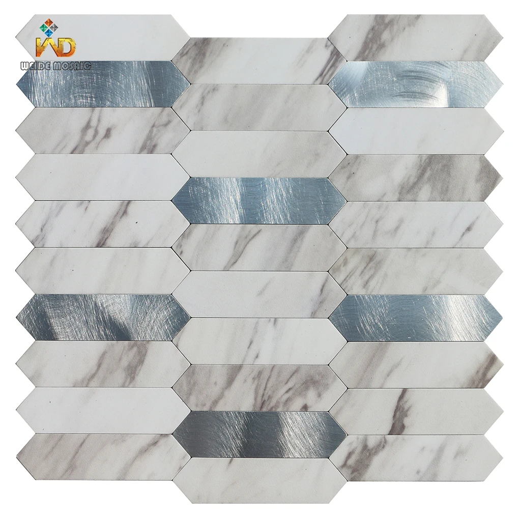 Long Hexagon PVC Peel and Stick Backsplash Silver Metal Mosaic Self Adhesive Aluminous Wall Mosaic Tiles
