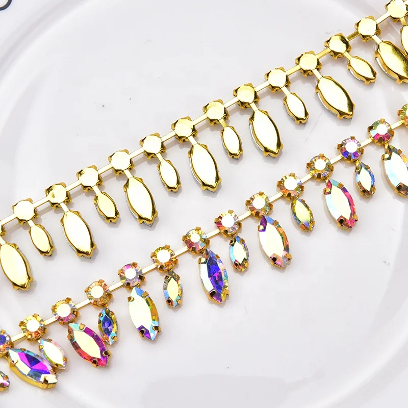 Handmade Horse Eyes and Round Glass Rhinestone Crystal Tassel Gold Plated Metal Cup Chain Flower Trim DIY Bridal Dress Belt Shoe