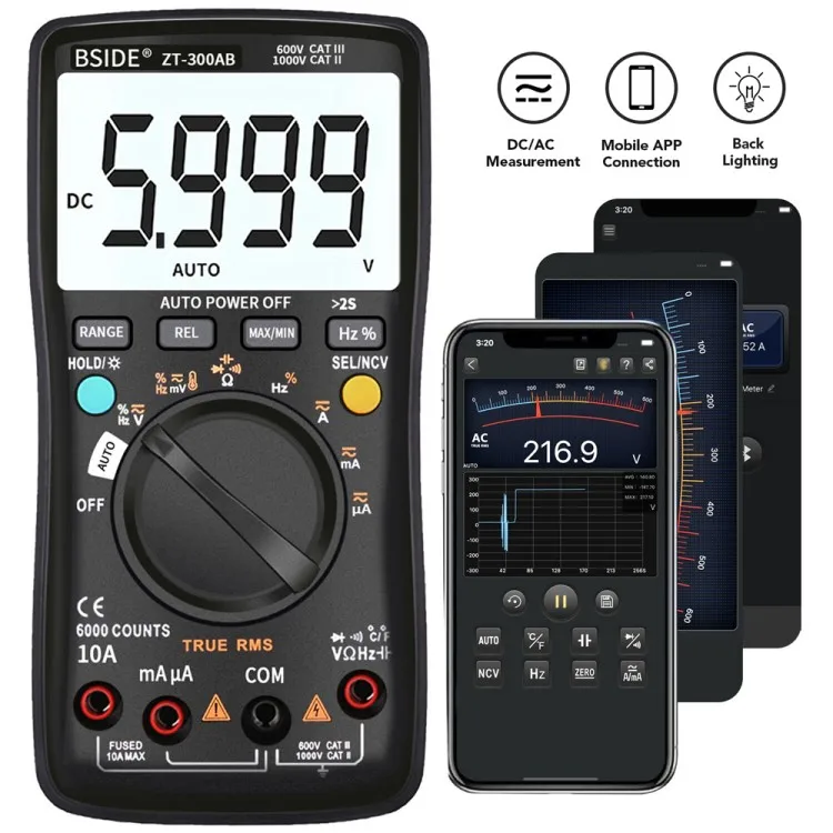 BSIDE Multimeter Auto/Manual Range Digital Universal Meter 6000 Counts LCD Display True RMS Smart AC/DC Voltage Current Meter wi