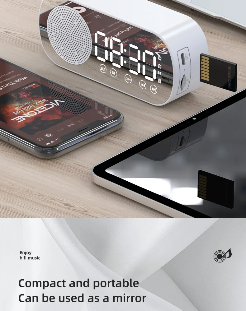 2022 New Product Alarm Clock With Mirror Digital Clock USB Charging Mini Portable Bluetooth Speaker
