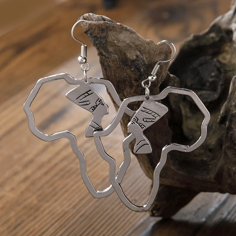 Earrings Gold Egyptian Queen Alloy Cutout Portrait Design Earrings African Map Ethnic Earrings