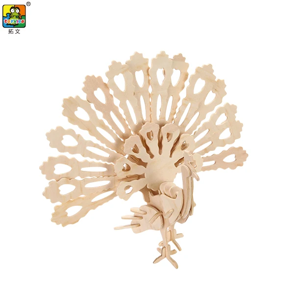 Educational Toy laser cut wood crafts supply Wooden Peacock shapes unfinished toy 3D wooden Puzzle for Promotion Craft Kit
