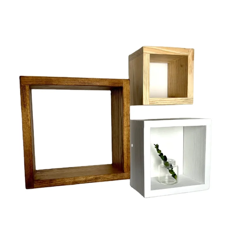 Set of 3 Floating Cube Shelves Quality Wood Shelving Hanging Display Gallery Wall Bathroom Storage
