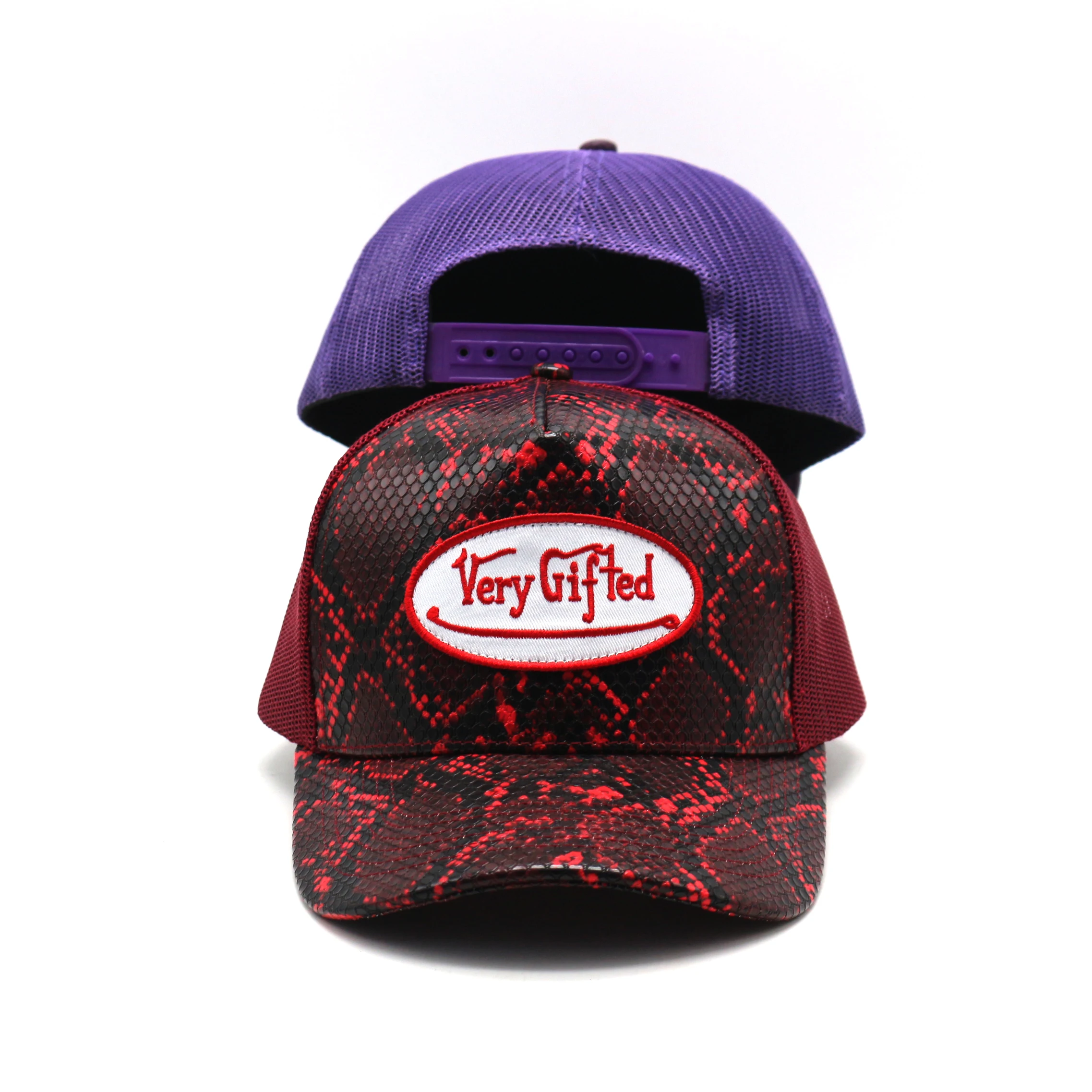 New Style Custom Embroidery logo Fake Snake Skin 5 Panel Pu Leather Mesh Trucker Hat Cap Wholesale