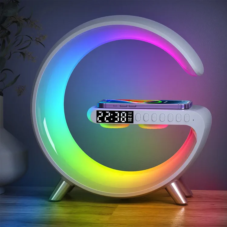 G-shape Led Night Light Bt Speaker Music Lamp Alarm Clock Smart Light 15w Wireless Charger Speaker