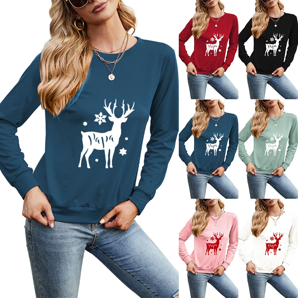 Multicolor Plus Size O-Neck Long Sleeve Christmas Elk Print T-Shirt Christmas Costume