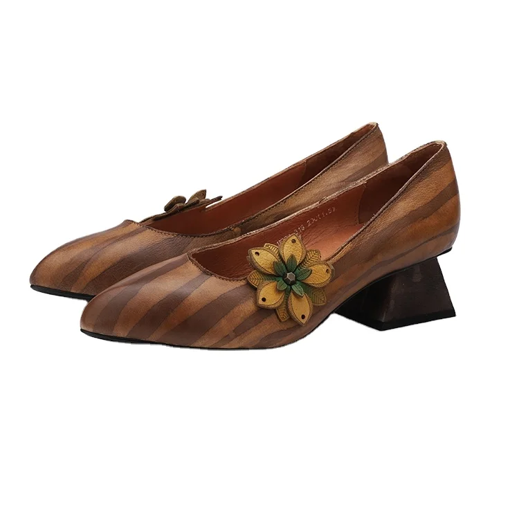 Women Fancy Floral Pump Shoe Genuine Leather Comfortable Low Heel Casual Oxford Lady High Heel Shoes