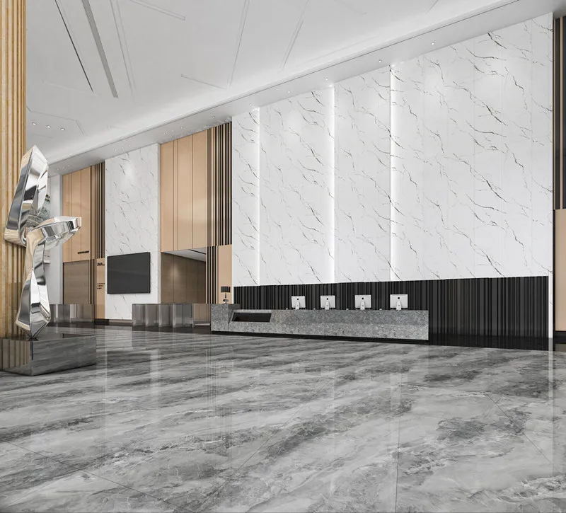 High Quality Fine Floral White Ceramic Tile Glossy Glazed Marble Look Slab Living Room Wall Three Sided Infinite Continuous