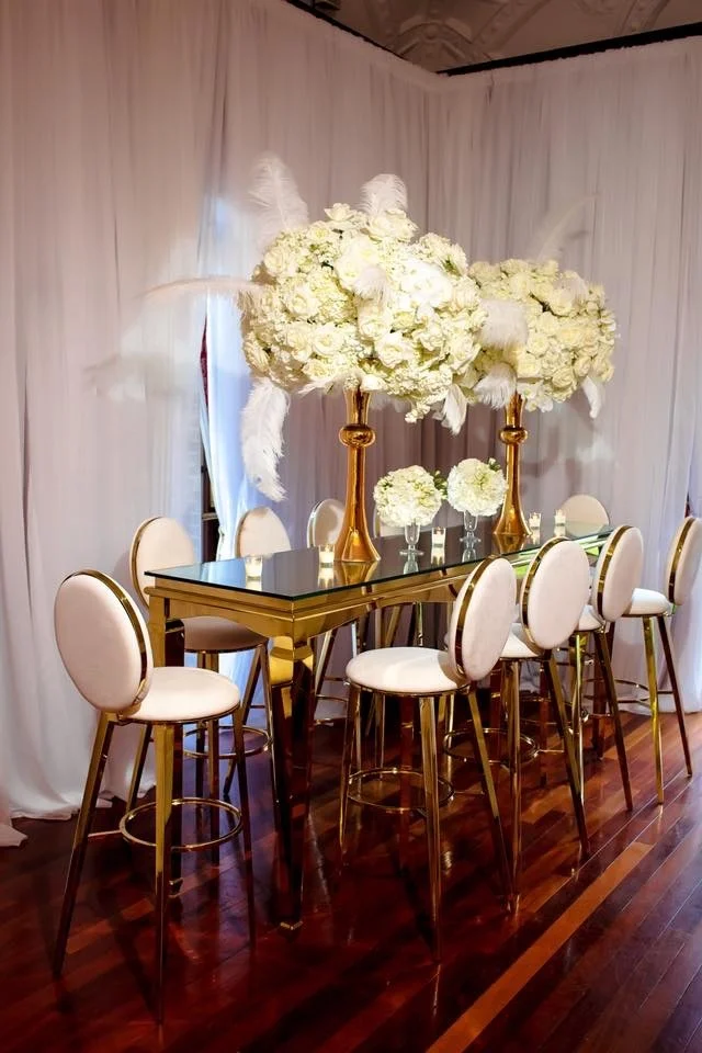 Cocktail party used luxury gold stainless steel wedding high bar table with black glass top