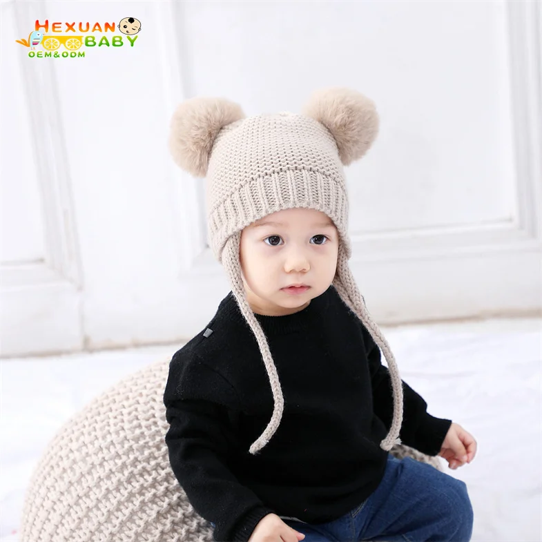 Wholesale Custom Fashion Winter Pure Cashmere Knitted Ear Flap Beanie Hat Cute Kids Baby Pom