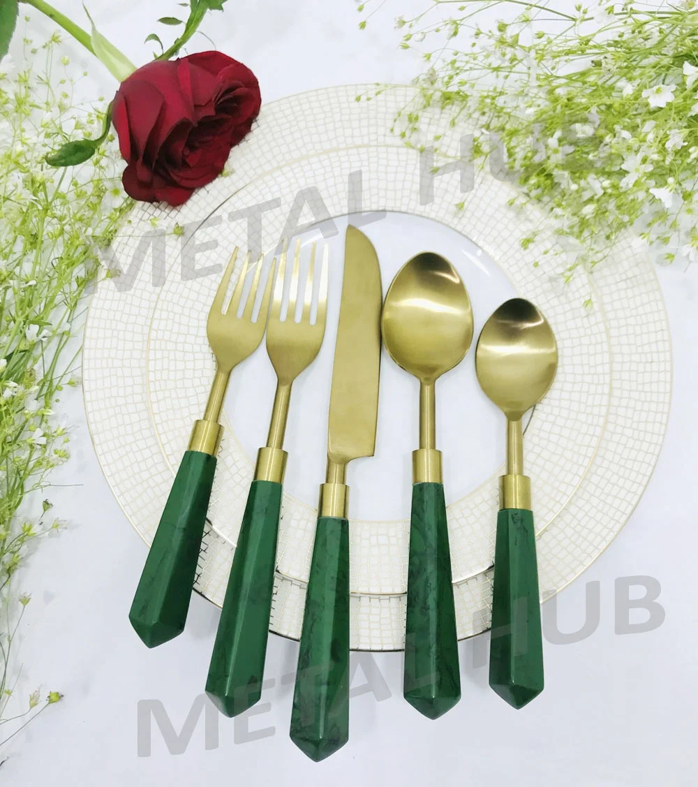 Stainless Steel Gold Flatware Set W/Green Handle S/5 & 7 Pcs. place setting, Flatware Set, Wedding Party Set