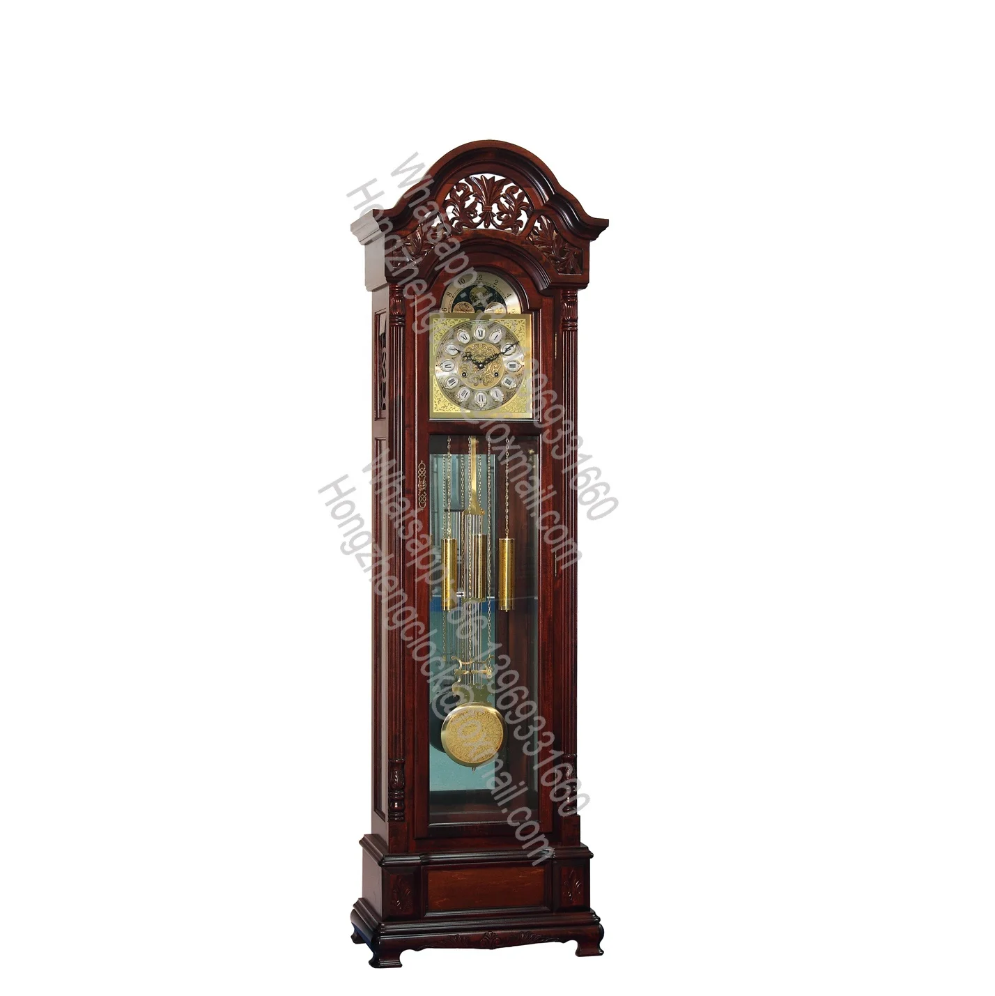 Cherry finish on select hardwoods and veneers, heavily distressed with light and deep dents Grandfather Floor Clock