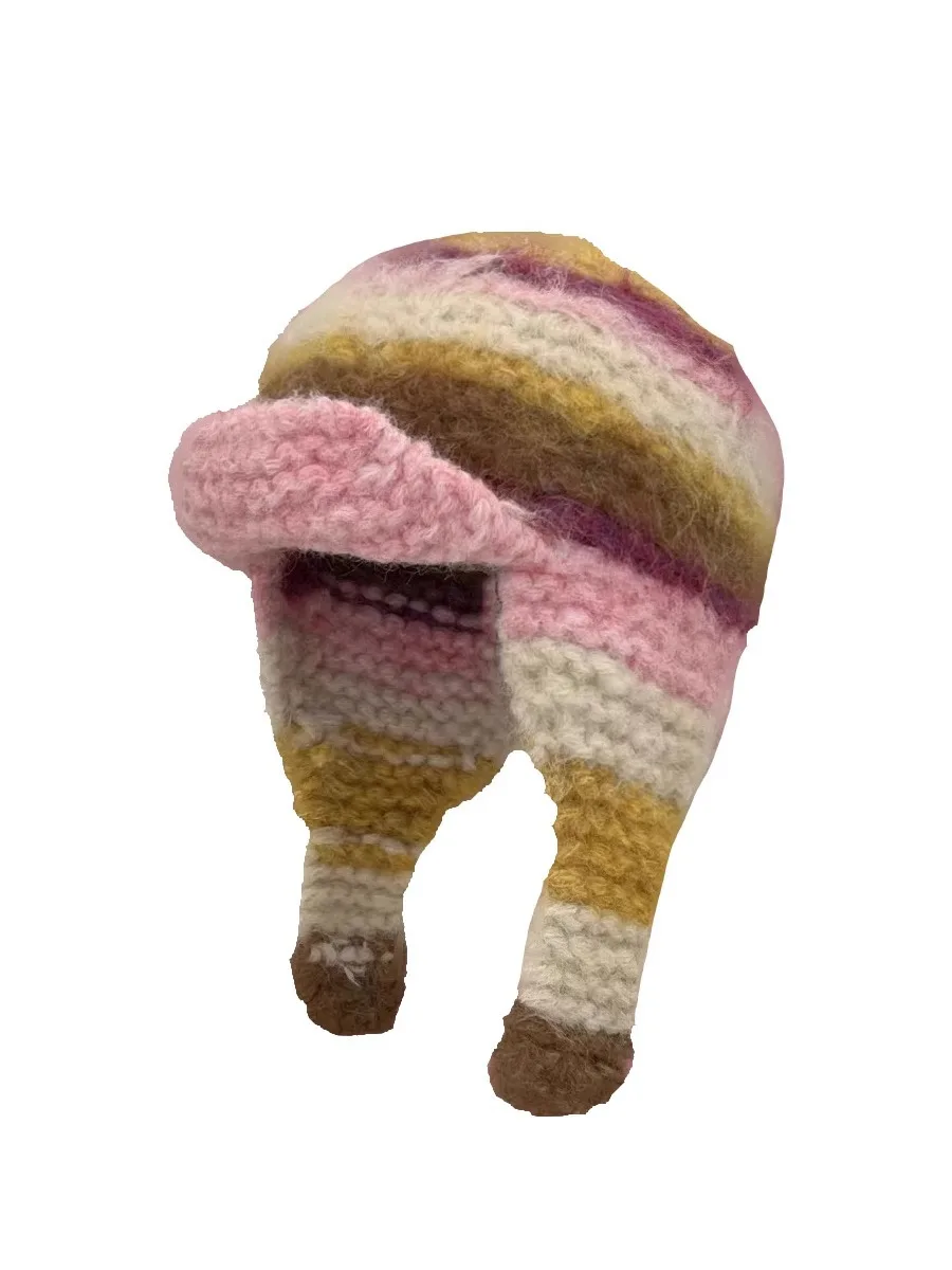 Striped Color block Knitted Beanies Cap Hand Knit Mohari Crochet Beanie Hat with Ear Flaps
