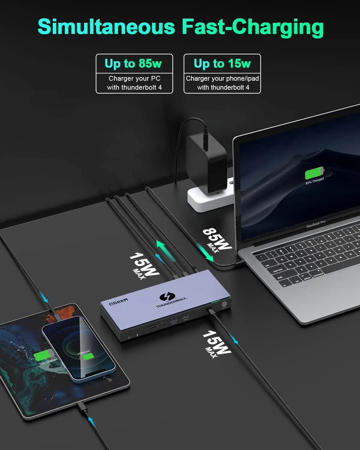 Thunderbolt 4 Docking Station QGeeM 16 in 1 Dual Monitor 4K / Single 8K H DMI 130W Compatible for Ma cBook Pro D ell L enovo H P