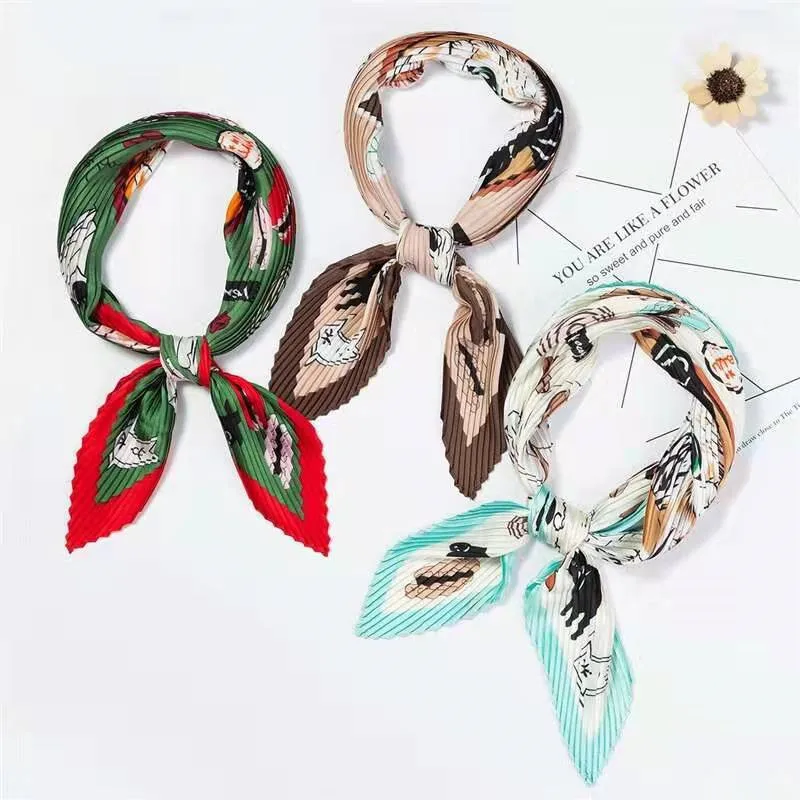 Womens Small Square Polyester Silk Feel Scarves All Four Seasons Pleated Neck Scarf