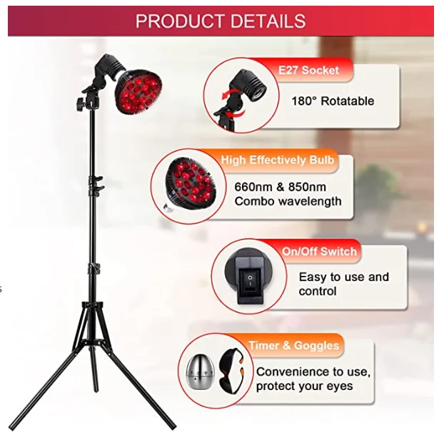 Red Light Therapy Lamp  18LEDs 660nm Red and 850nm Near Infrared Combo Bulb Red Light Therapy Device for Body and Face