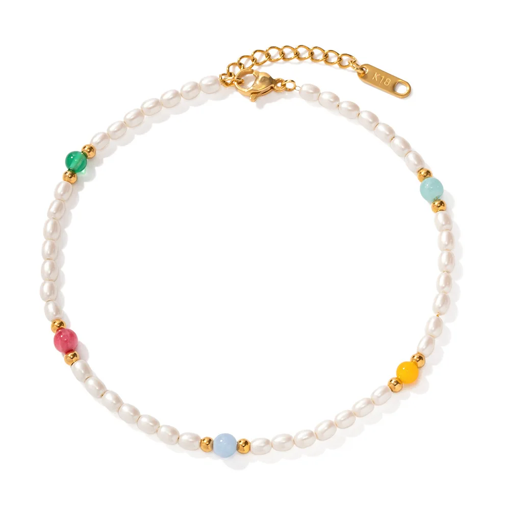 ERESI New Summer HOT Ins 18k Gold Plated Tarnish Free Stainless Steel Vintage Flower Natural Pearl Mixed Design Anklet Jewelry