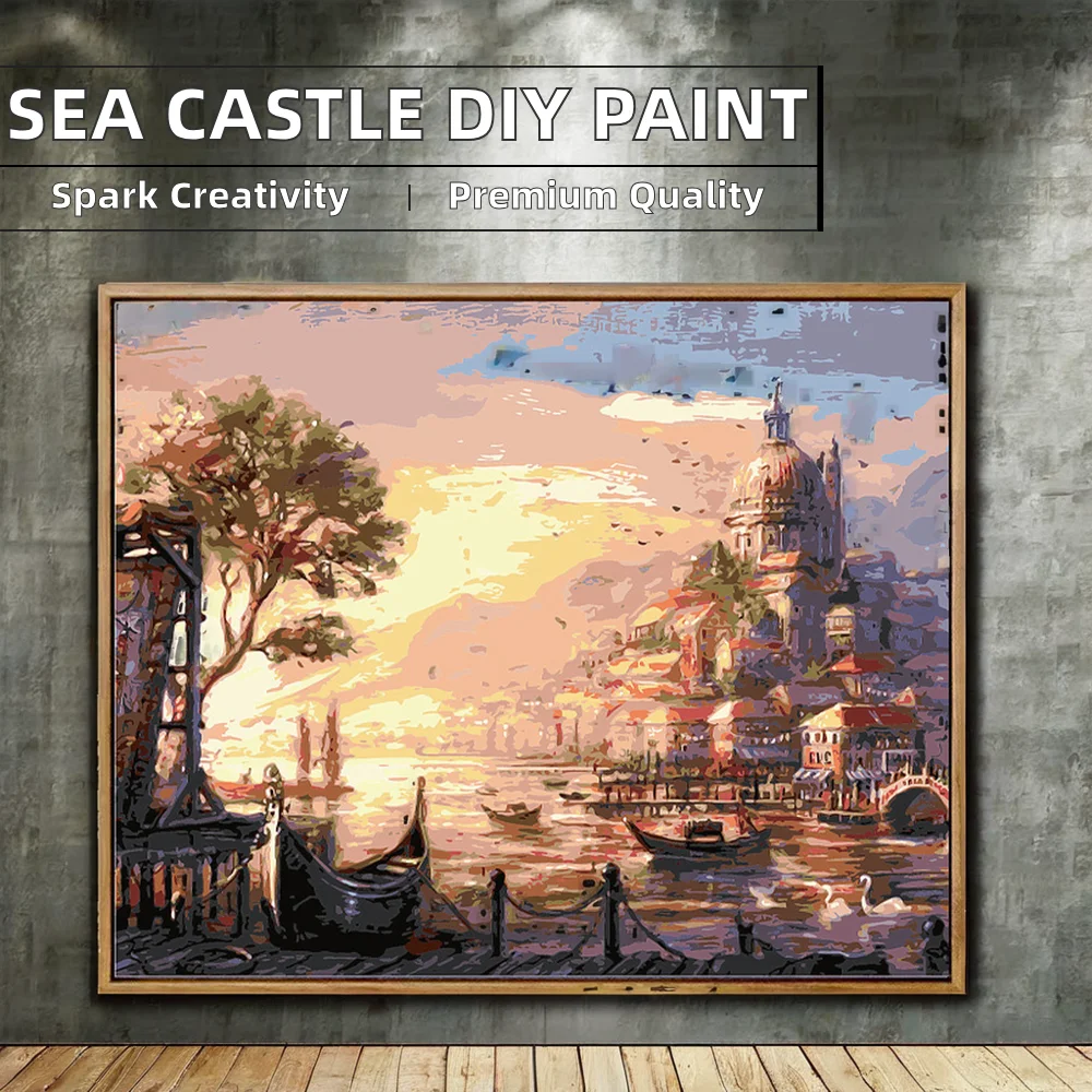 Modern Castle in the Sea Scenery Painting by Numbers Sunset Abstract DIY Decorative Acrylic Printed Art for Europe Comes Brushes